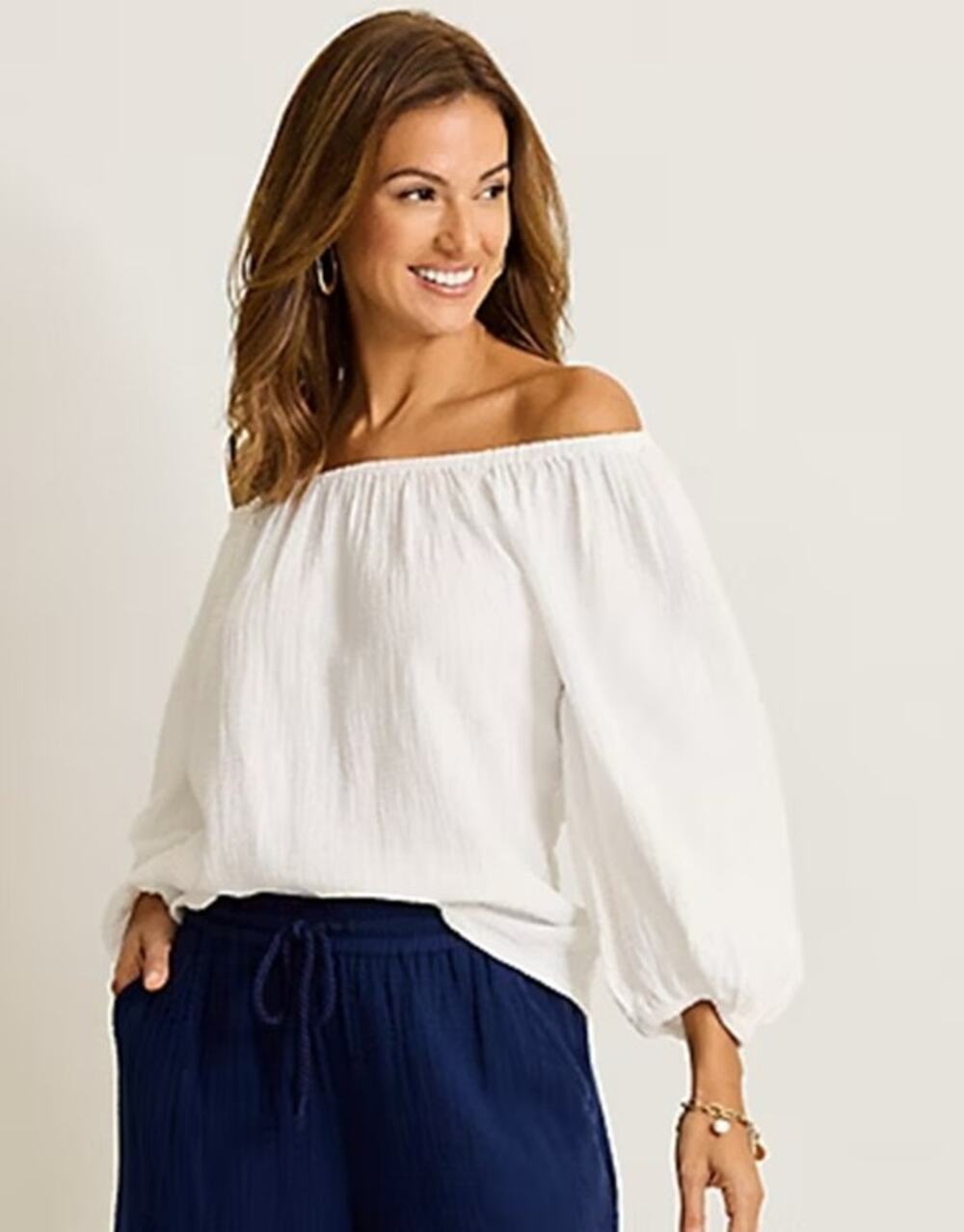 Tommy Bahama Island Gauze Off the Shoulder White Top 3/4 Sleeve Coastal